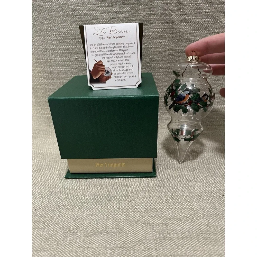 Reverse Hand Paint Teardrop Christmas Ornament Winter Bird Holly Pier 1 Li Bien